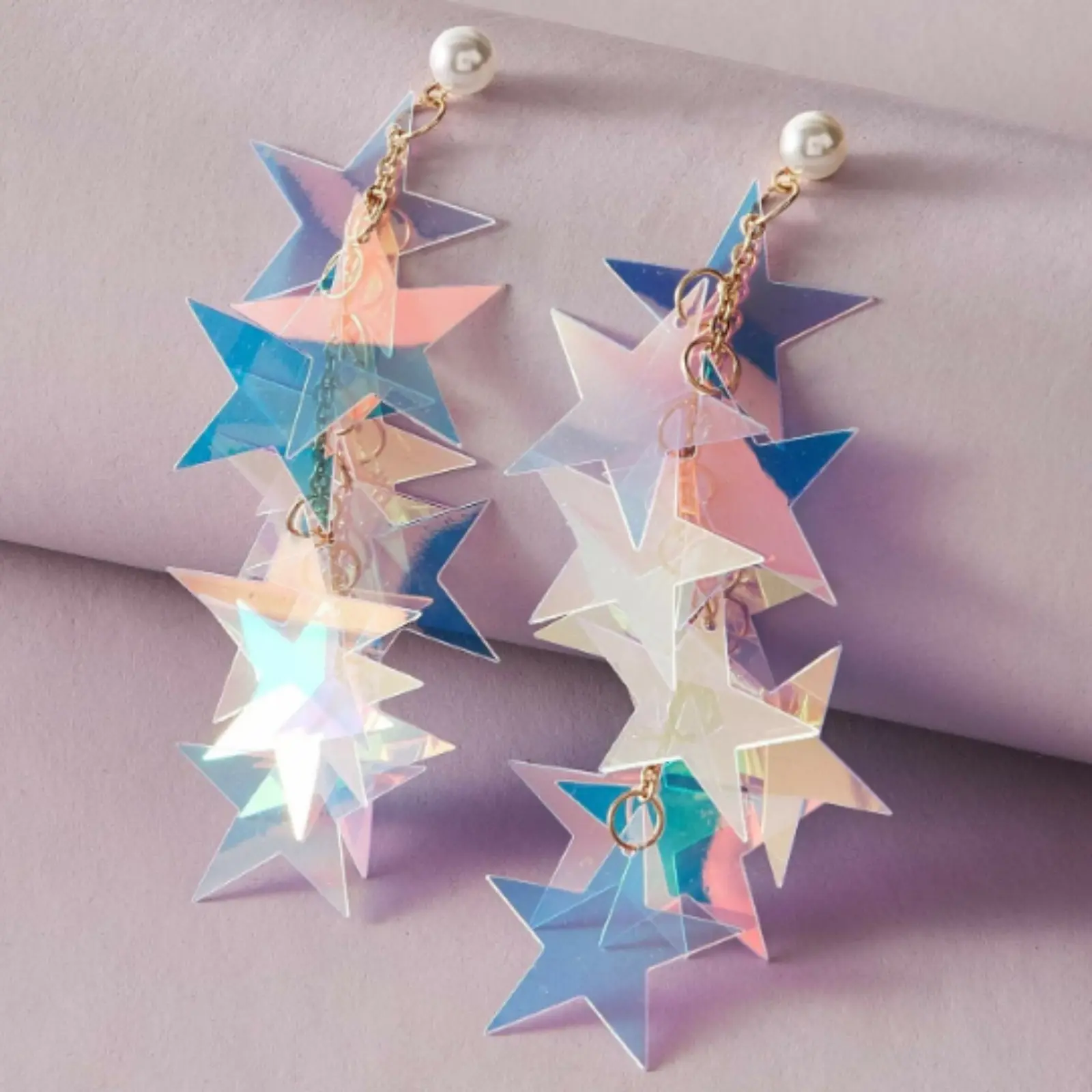 1pair Faux Pearl Decor Iridescence Star Design Drop Earrings