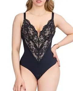 COOSHAPE Shapewear Bodysuits for Women Lace V Neck Corset Tops Tummy Control Backless Body Suits Thongs One Piece Sleeveless Body Shaper Jumpsuit