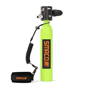 SMACO S300 0.5L Mini Scuba Tank DOT Certified With Pressure Gauge 6061 Aluminum Pony Bottle With Safety Lanyard For Adult Quick Dives Recreational Diving Pool Snorkeling Boat Cleaning Marine Maintenance Emergency Backup Air Source