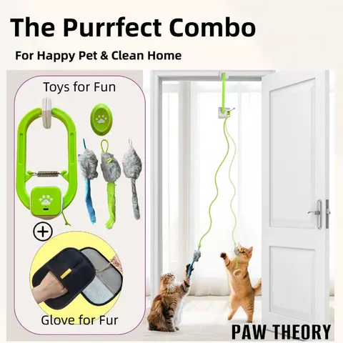 Interactive USB Cat Toy Set Combo - Rechargeable Electric Teaser with Remote Control Guidance, Dual-Mode 360° Spinning Toy, Plain Electrostatic Hair Removal Gloves, Universal Fit, Christmas Stocking Stuffers for Cat Owners to Keep Home Clean