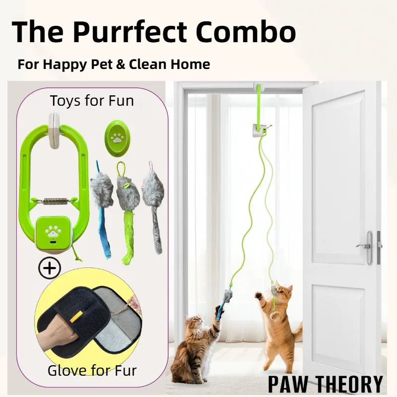 Interactive USB Cat Toy Set Combo - Rechargeable Electric Teaser with Remote Control Guidance, Dual-Mode 360° Spinning Toy, Plain Electrostatic Hair Removal Gloves, Universal Fit, Christmas Stocking Stuffers for Cat Owners to Keep Home Clean