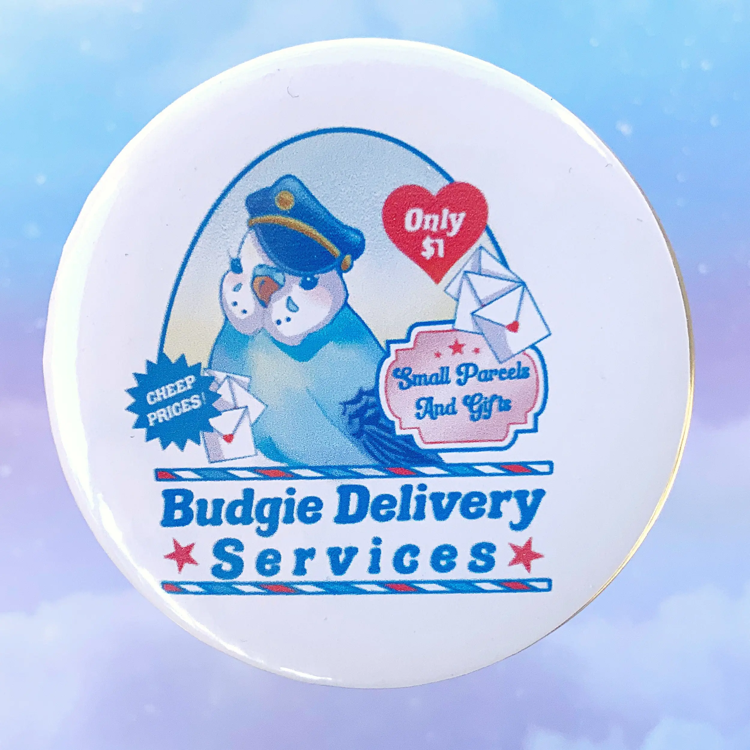 Budgie Delivery Services Button Pin - 2.25 x 2.25 inches
