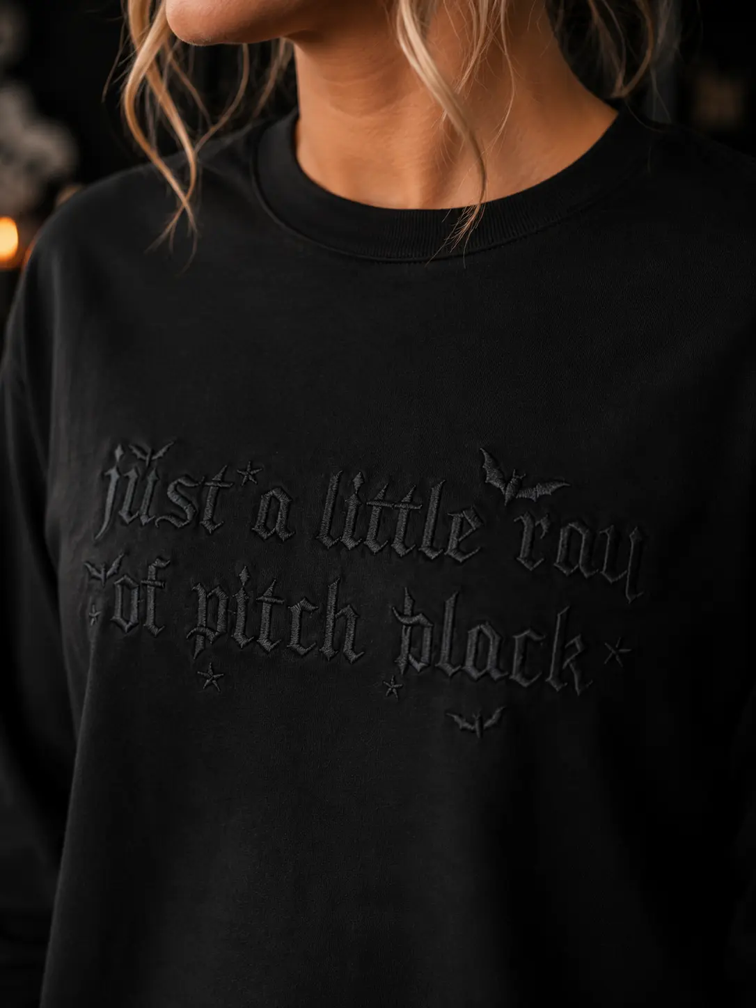 Just a Little Ray of Pitch Black Embroidered Long Sleeve Shirt