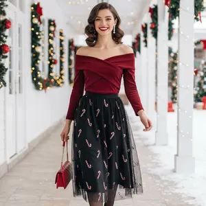 CHICWISH Women's Shimmer Candy Cane Mesh Tulle Midi Skirt for Christmas, Autumn Winter Outfit, Mesh Skirt, Bottom