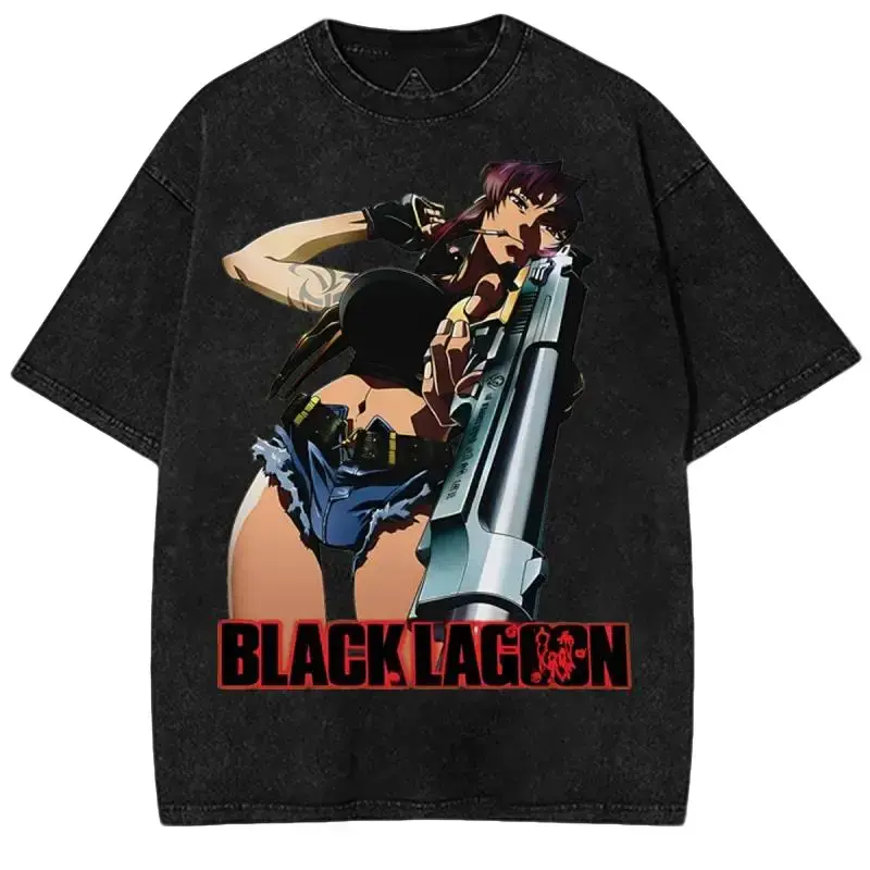 Black Lagoon Revy 90s Vintage Washed T‑Shirt, Anime OOTD show Action Anime Oversized Graphic Tee, Retro Streetwear Pure Cotton Casual Top, Unisex Short Sleeve Apparel for Men Women Anime Fans