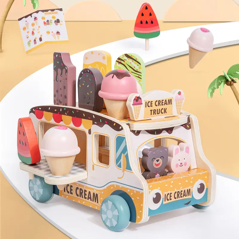 Unisex Kids Wooden Pretend Play Ice Cream Truck Building Blocks Set - 3+ Years Creative Learning Toy, Miniature Shop, Realistic Dessert Kit, Festive Theme, Christmas Gift, Boosts Children Development & Promotes Social Skills
