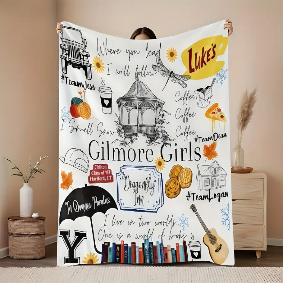 1pc "Gilmore" Themed Flannel Blanket - Ultra-Soft & Warm, All-Season Versatile Wall Tapestry with Coffee Cup & Home Decor Design, Perfect for Camping, Sofa, Bed & Office - Stylish Gift Idea, Blanket for Bed