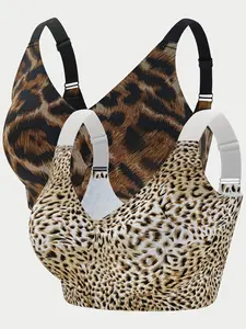 [Plus Size] Leopard Print Wireless Push Up Bra, Adjustable Wirefree Bra, Breathable Comfortable Bra for Daily Wear, Women's Plus Size Underwear Lingerie for All Seasons, Womenswear