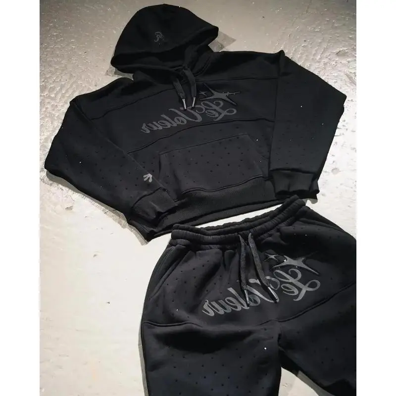 Hoodie Sweatpant Two Piece Set Y2K Sportswear Men Hip Hop Lettering Embroidery Rhinestones Oversized Sweatshirt Casual Pants Set