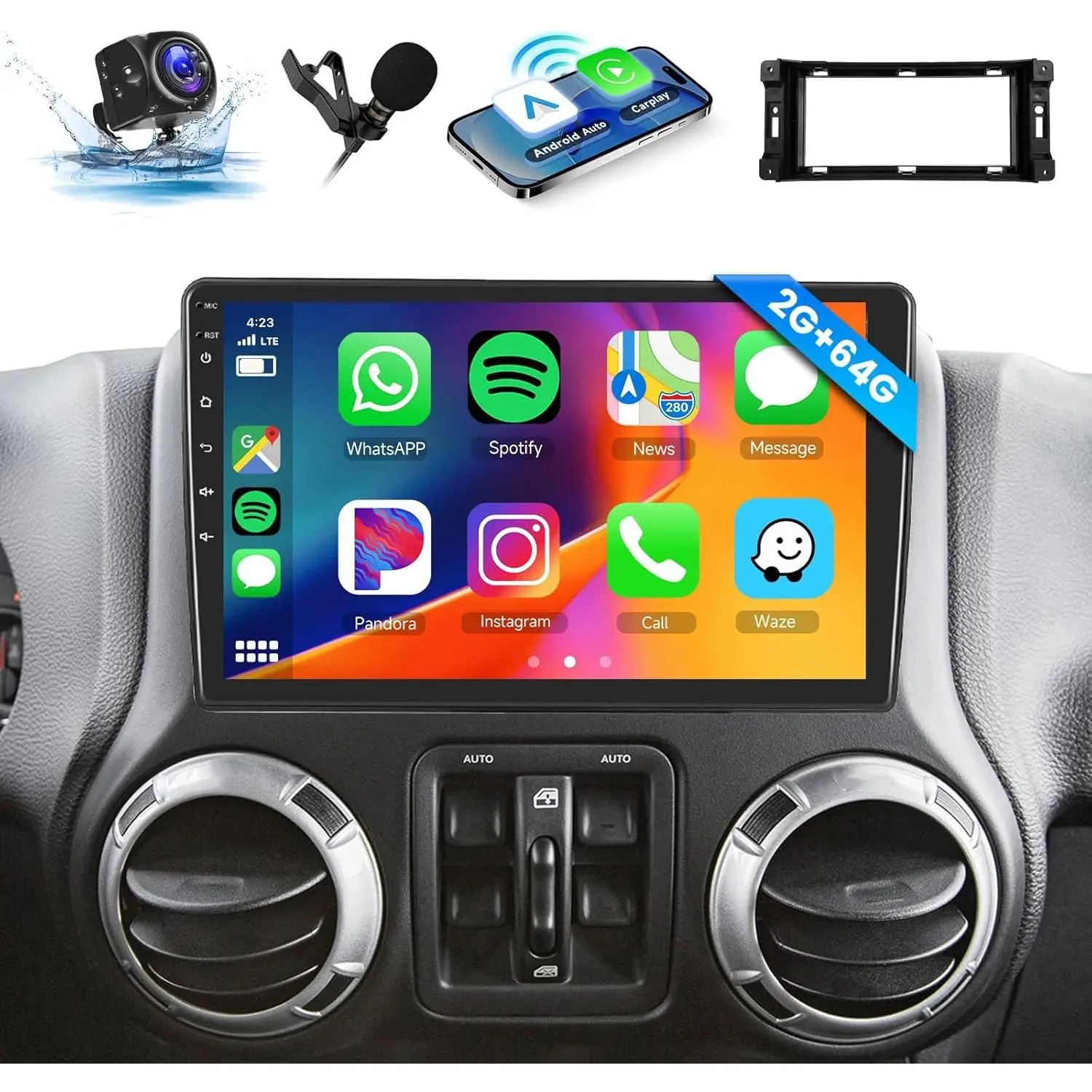 [2G+64G] Android Car Stereo for Jeep Wrangler JK/Dodge RAM/Chrysler 300C, Stereo with Wireless Carplay Android Auto Mirror Link, 10.1 Inch Touch Screen Car Radio GPS,Bluetooth, WiFi, FM RDS Radio,BT/SWC/EQ,SummerVibes