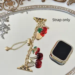 1PC fashionable metal bow cherry bracelet for Apple Watch bands, Smartwatch Strap, compatible with Apple Watch 38/40/41/42/44/45/46/49mm, suitable for Apple Watch series Ultra/SE/11/10/9/8/7/6/5/4/3/2/1, with cherry bow heart elements, sweet and cute