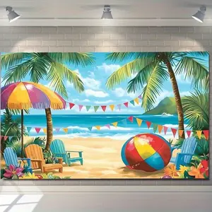 1pc Polyester Beach Chair and Parasol Themed Backdrop Banner, Ideal for Summer School Party & Birthday Decor, Suitable for Indoor and Outdoor Photo Use, Banners