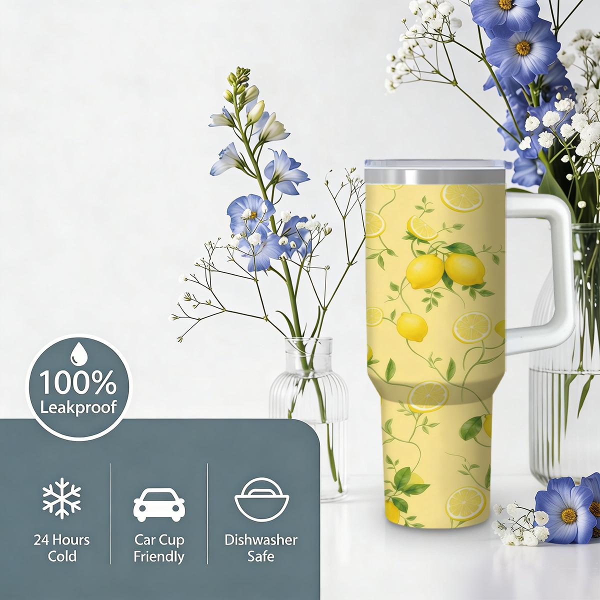 30 oz Zesty Lemon Insulated Tumbler, Sunny Yellow Travel Mug with Vintage Citrus Fruit Print, Comfort Handle & Straw, Summer Vibe Aesthetic Water Bottle, Perfect Gift for Sun Seekers