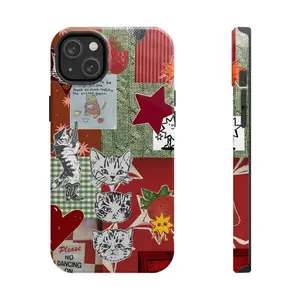 Retro Strawberry Cat Phone Case – Green Plaid, Red Stars & Cute Kitten Collage – Compatible with iPhone 7–16, Samsung Galaxy S21–S24, Google Pixel – Indie Cottagecore Vintage Aesthetic Protective Cover Gift for Her