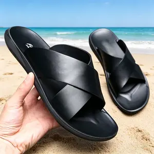 Mens Sport Flip Flops 9TO06 Crisscross Slide Sandals PU Leather Black Brown US6.5-US13 Summer Walking Shoes for Men Comfortable & Durable