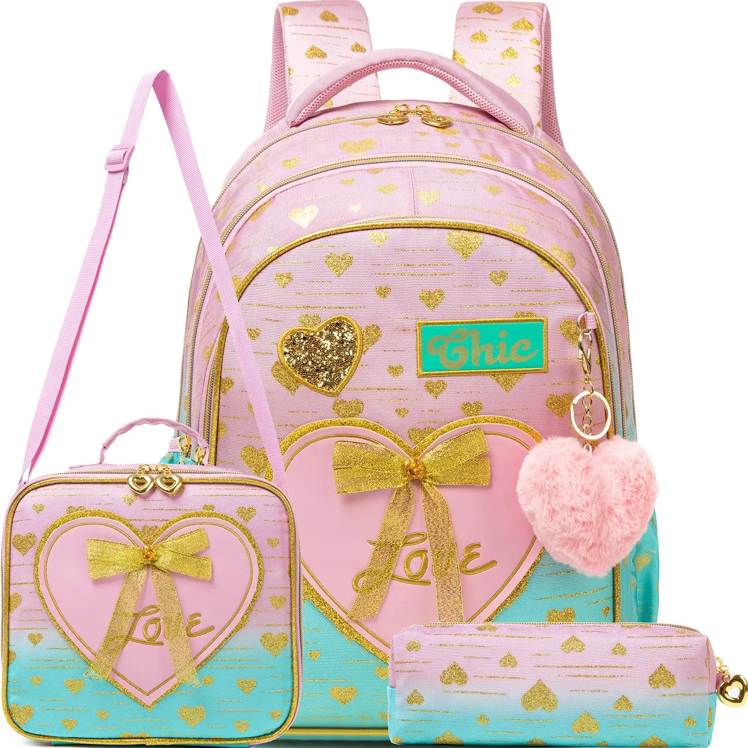 3-Piece Girls Pink Mint Backpack Set | Glitter Heart Chic School Bookbag with Insulated Lunch Box & Pencil Case | Elegant Ribbon Travel Daypack for Kids