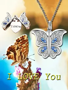 Unique Butterfly Locket Necklace, Surprise "I LOVE YOU" Reveal, Openable Pendant with Blue Zircon, Meaningful Jewelry, Statement Piece, Daily Wear, Romantic Jewelry Gift for Her,Love Symbol, Valentines Day Gift, Birthday Surprise, Express Your Love