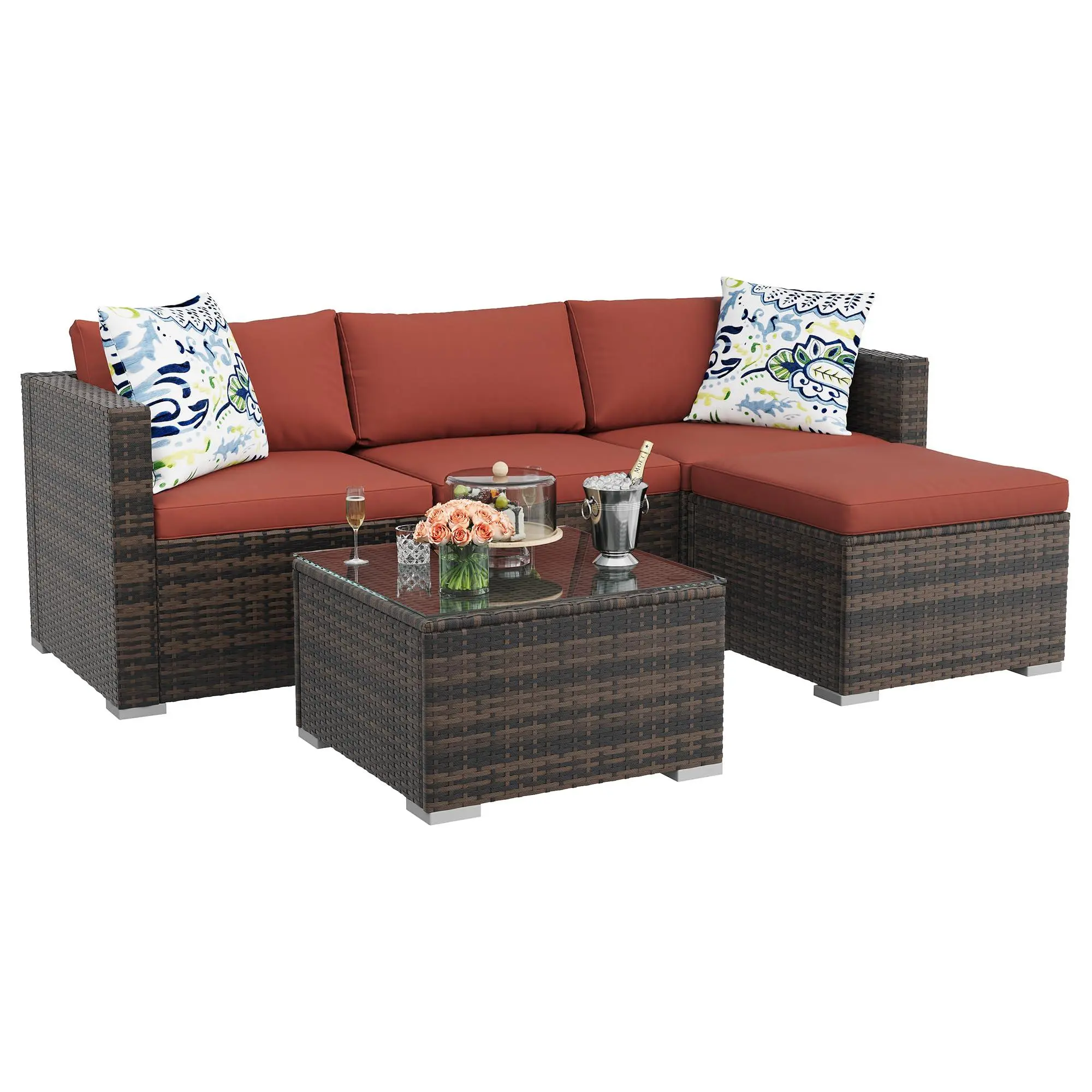Gaomon 5-Piece Waterproof Outdoor Furniture Set, Convertible Armless Sectional Sofa with Ottoman & Tempered Glass Table, PE Rattan Conversation Set for Garden, Backyard, Outdoor Furniture Sets