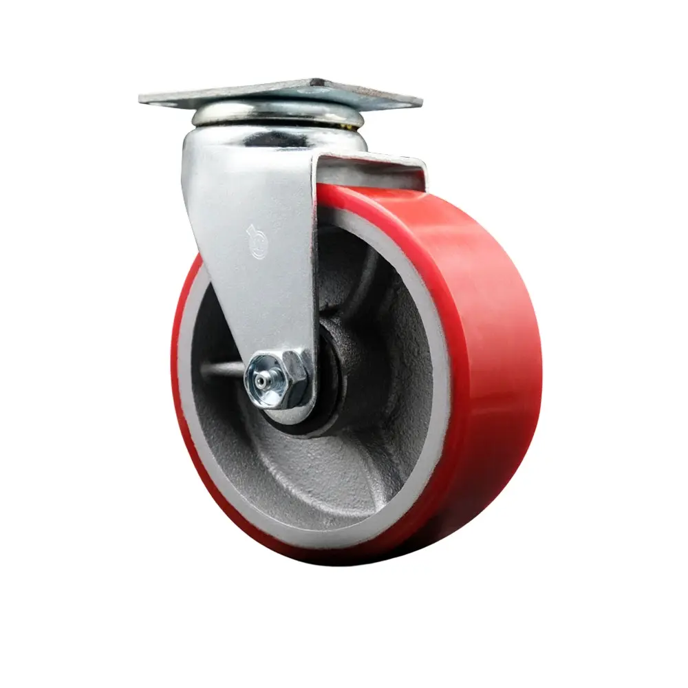 Service Caster SCC-20S520-PUR-RS Heavy Duty Swivel Top Plate Caster, 5 in. x 2 in. Polyurethane-on-Cast Iron Wheel, Roller Bearing, Red Swivel Furniture Moving Wheel, Swivel Wheels