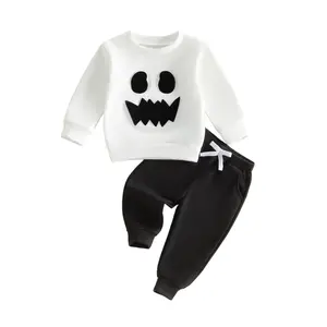 Toddler Baby Little Boys Halloween Outfit Long Sleeve Pumpkin Face Embroidery Pullover with Pants 2Pcs Fall Set 0-3 Years