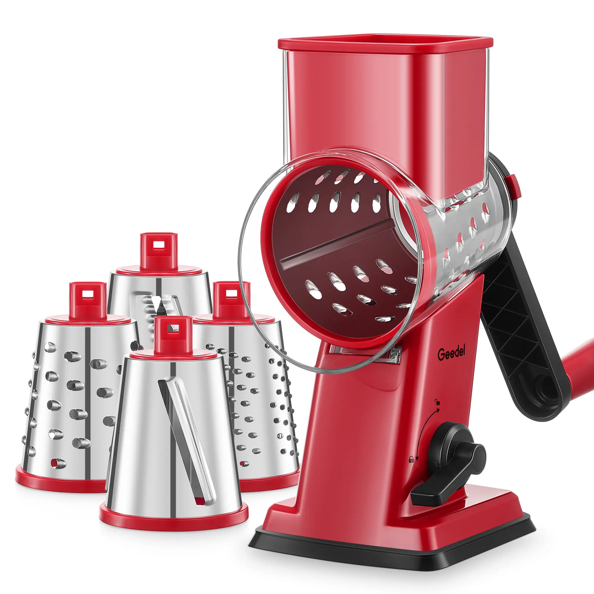 Rotary Cheese Grater and Vegetable Slicer, 4-in-1 Red Mandoline with 4 Stainless Steel Drums, Suction Base, and Blade Storage Rack, BPA-Free