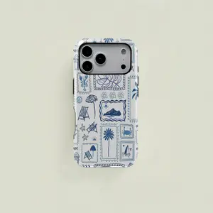 Blue and white retro-style nautical patchwork protective case, sturdy and durable 2-in-1 case, compatible with iPhone 17/16/15/14/13/12/11 Pro Max/Plus/Pro, and Samsung Galaxy S25/S24/S23 Ultra series, simple and stylish phone case.