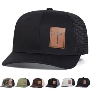 Christian Cross Emblem Leather Patch Trucker Hat, Premium Quality Cap, Adjustable Snapback for Male, Outdoor Hiking Hat for Hot Weather Sun Protection