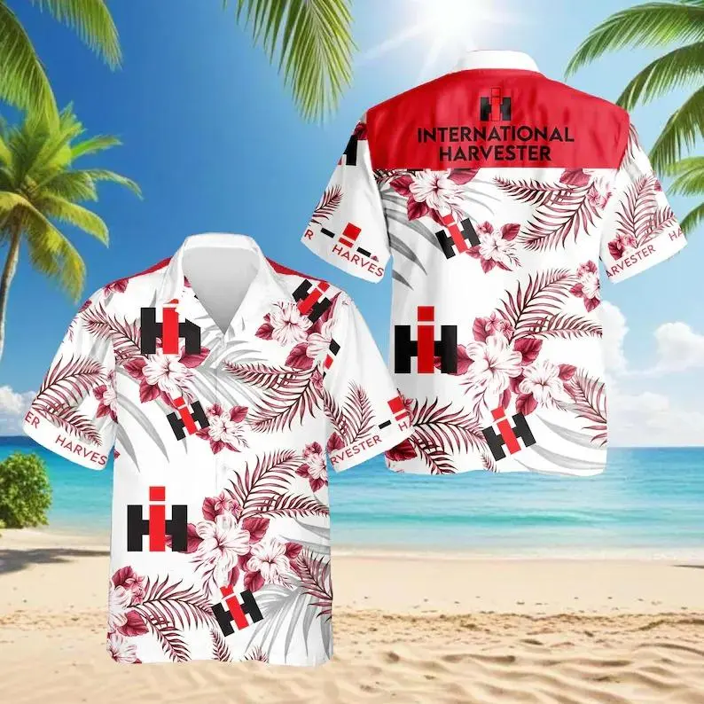 International Harvester Hawaiian Shirt, International Harvester Ahola Shirt Red Hibiscus Floral Palm Leaf Print Men Women Loose Fit Breathable Beach Summer Festival Casual Streetwear Button Down IH Fan Gift