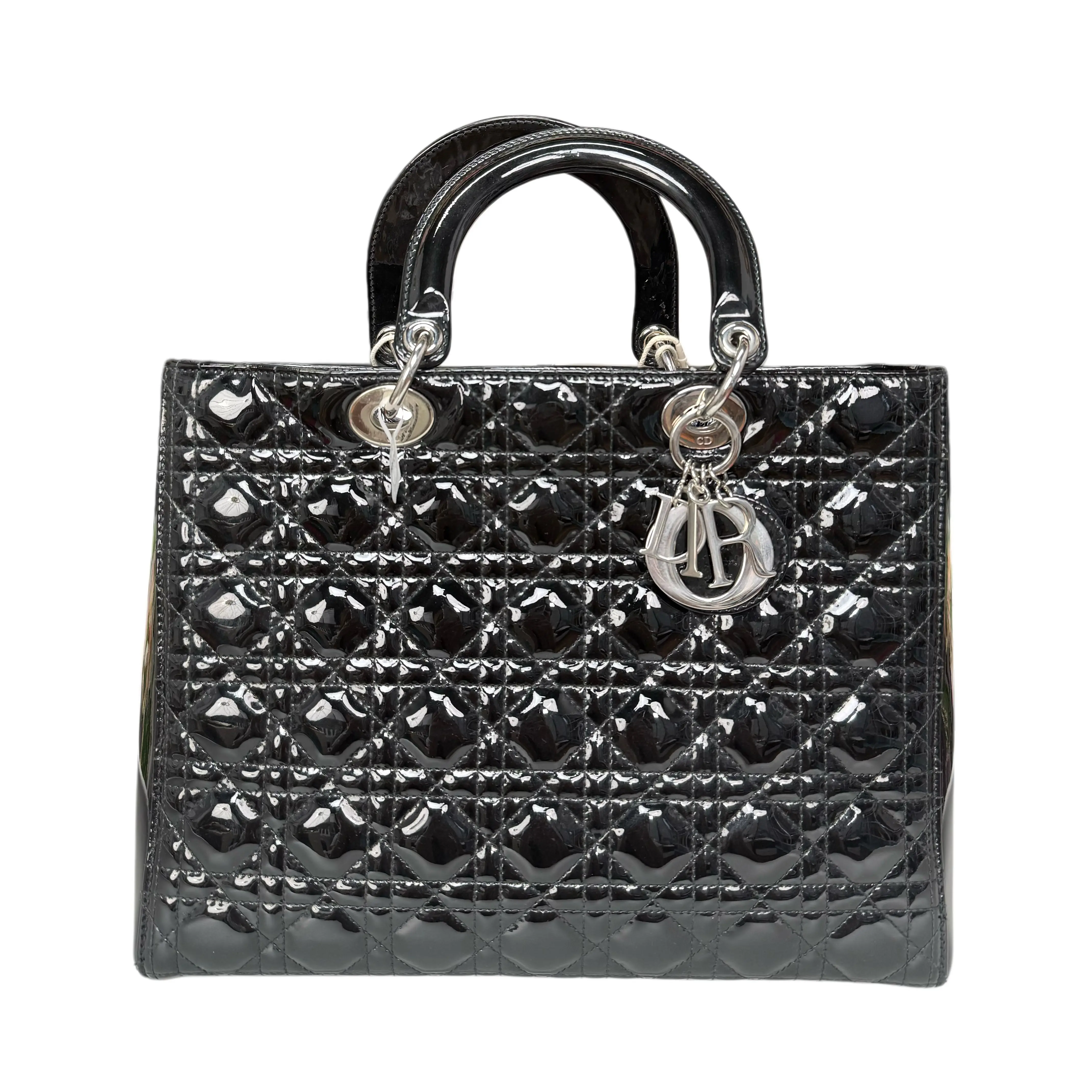 Pre-owned Dior . Tote Bags Christian Large 7 Cannage Lady Handbag Black Patent Leather 7 Grid Quilted Silver Logo Charms Double Top Handle Detachable Shoulder Strap Luxury Designer Two Way Crossbody Purse For Women