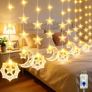 2026 New Star Moon LED String Lights, 98led Curtain Star Moon Waterfall Lights, Flickering Dreamy Fairy Light, Warm Light, Ramadan Decoration, Led Lights Bedroom