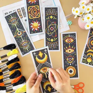 6-Piece Tarot Theme Cross Stitch Bookmark Kit, Sun & Star Patterns, Beginner-Friendly Sewing Set, Includes Fabric, Thread, Tools, Instructions