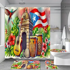 1/4pcs Puerto Rican-themed shower curtain set, including shower curtain, toilet seat cover, rectangular mat, and U-shaped mat. Perfect for bathroom décor, beautifying the space. Comes with 12 shower curtain hooks.