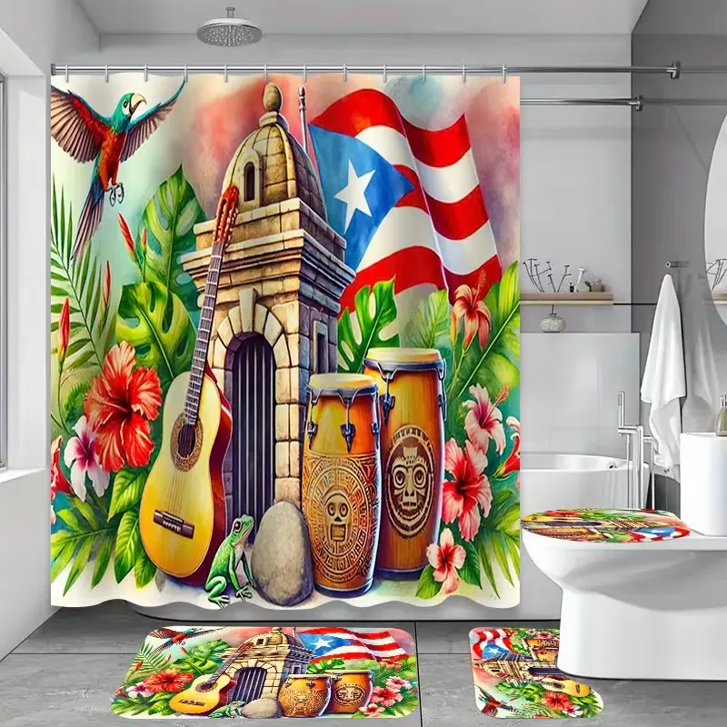 1/4pcs Puerto Rican-themed shower curtain set, including shower curtain, toilet seat cover, rectangular mat, and U-shaped mat. Perfect for bathroom décor, beautifying the space. Comes with 12 shower curtain hooks. Bathroom Accessory