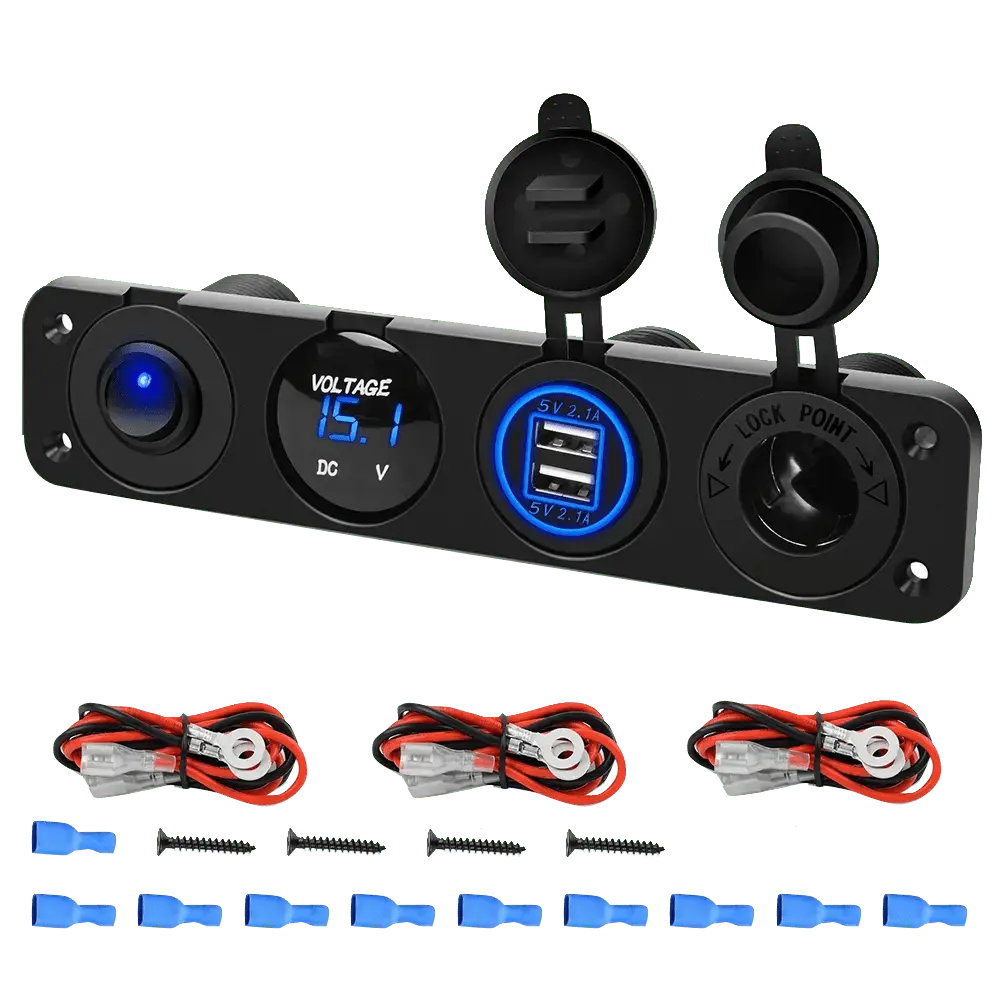 Nilight 4-in-1 Car Charging Hub - Toggle Switch Panel with Blue ON/OFF Socket, Dual USB Port, LED Display Voltmeter for Car, Marine Boats