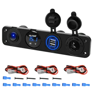 Nilight 4-in-1 Car Charging Hub - 4 in 1 Toggle Switch Panel with Blue ON/OFF Socket, Dual USB Port, LED Display Voltmeter for Car, Marine Boats