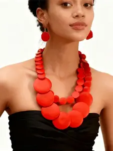 Fashionable Baroque Beaded Necklace Earrings Set, Western Jewelry Set, Two-Layer Wooden Beads Round Disc Jewelry for All Seasons, Perfect Gift for Mother's Day
