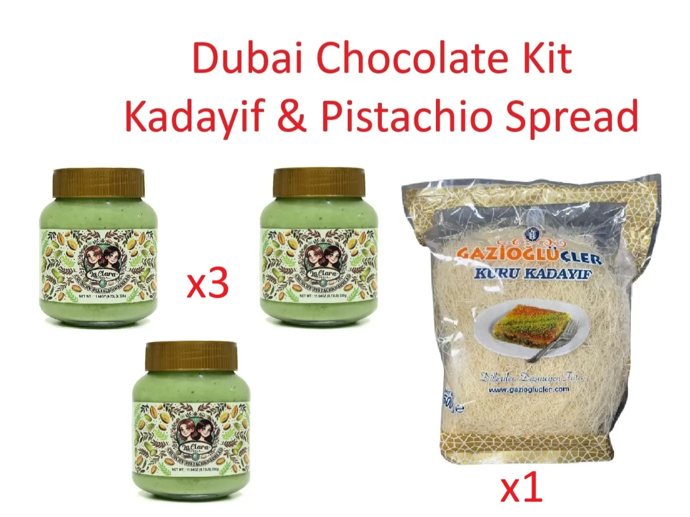 Dubai Chocolate Combo Kit - X3 Crunchy Pistachio Spread 330G + x1 Kadayif/Kataifi 500G