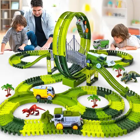 Dinosaur Track Engineering Car Toy Create Dino World Road Race, Flexible Game Tracks, High-Quality Kids Gift, Toddler Car, Electric rail car self provided 2AAA batteries.not include battery