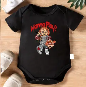 0-12 Months Baby Romper | Wanna Play Creepy Doll Inspired Character Print | Spooky & Fun Halloween Outfit | Soft Cotton Bodysuit | Horror Theme Baby Gift