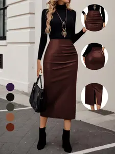 Women's Solid Color PU Leather Fitted Skirt, Fashionable Chic Elegant Commuter Midi Dress, All-Season Versatile Leather Bottom