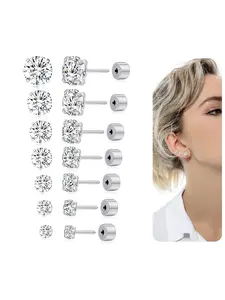 7 Pairs 20G Threadless Flat Back Earrings Stud Stainless Steel Round CZ Stud Earrings Set Cartilage Earring Tragus Helix Push in Earring Studs Earrings Piercing Jewelry For Men Women 2MM-8MM Silver Tone