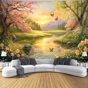 1pc Ultra Large Cherry Blossom Butterfly Landscape Tapestry - Premium Polyester Fabric, Vibrant Digital Print, Wrinkle-Resistant with Hand-Stitched Edges & Free Hanging Clips for Living Room, Bedroom, Party Wall Decor, Butterfly Decor, Office Aesthetic, S