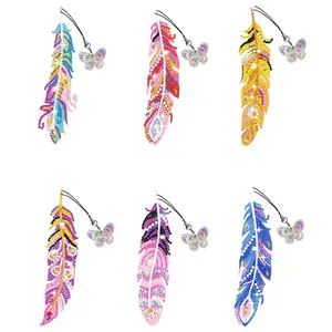 DIY Diamond Arts Colorful Painting Kit, Feather Design Bookmark, 6 Counts/set DIY Decorative Bookmark, DIY Decorative Accessories for Book Lovers