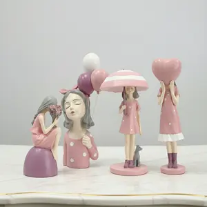 Pink Girl Resin Statue Set - Cute Collectible Figurine, Home Decor Accessory, Cute Desktop Decoration, Tabletop Ornament, Ideal Birthday Gift for Loved Ones