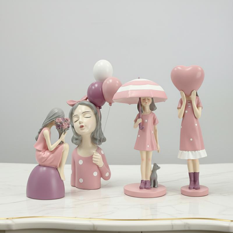 Charming Pink Girl Statue Set - Cute Resin Home Decor, Tabletop Ornament, and Sweet Gift, perfect for placing on a desk or shelf, and an ideal birthday gift for best friends and loved ones.