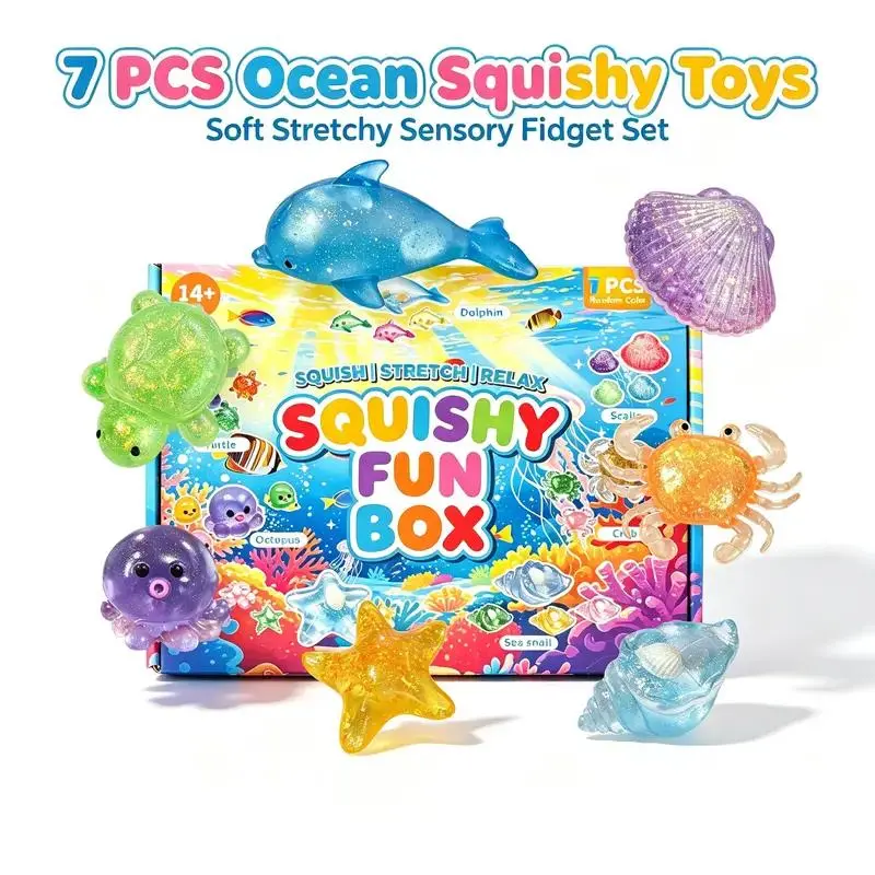 7-Piece Ocean Squishy Stress Relief Toy Set, Soft & Stretchable Sensory Fidget Toys, Halloween Party Favors. Includes 7 distinct marine creature figures. Ideal as Halloween party treats, classroom rewards, birthday gifts and holiday presents.