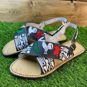 Mexican Crossed Huarache Summer Footwear with Embroidered Rooster Design and Comfortable Leather Straps
