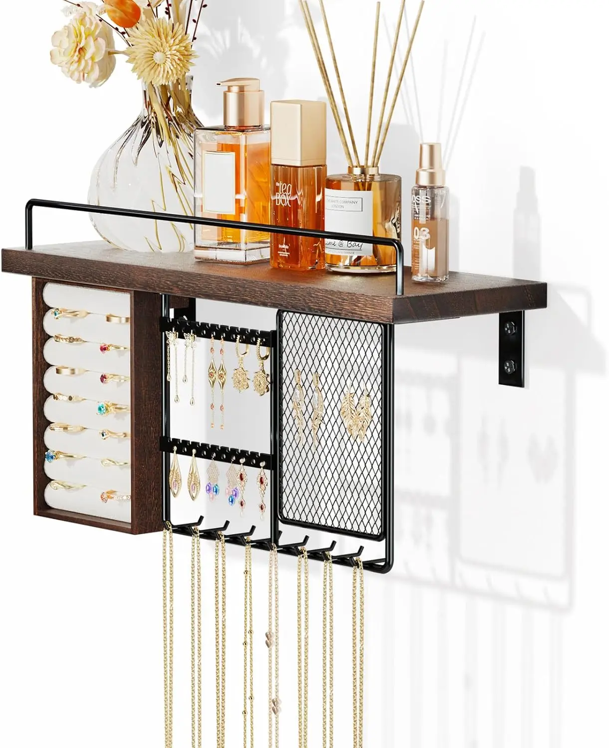 Wall Mounted Hanging Jewelry Organizer with Wood Shelf, Wall Jewelry Holder with Hooks for Ring Earring Bracelets Necklaces Display