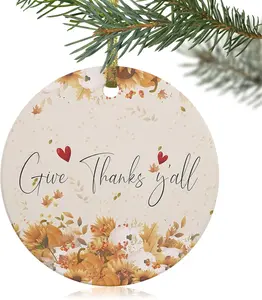 2024 Christmas Ornament Xmas Tree Hanging Accessories,Thanksgiving Fall Harvest Pumpkins Sunflower Christmas Tree Round Ceramic Ornaments for Holiday Party Home Decor,Give Thanks Y'all
