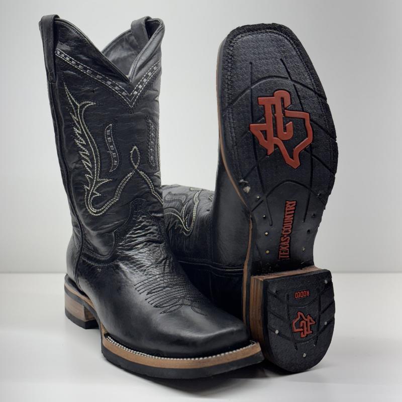 Texas Country Men's Leather Boots - Classic Square Toe Design with Durable Rubber Sole for All Seasons Wear